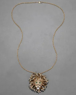 Vintage 1960s 14k Gold Washed Sterling Silver Lion Pendant Necklace with Jade Eyes
