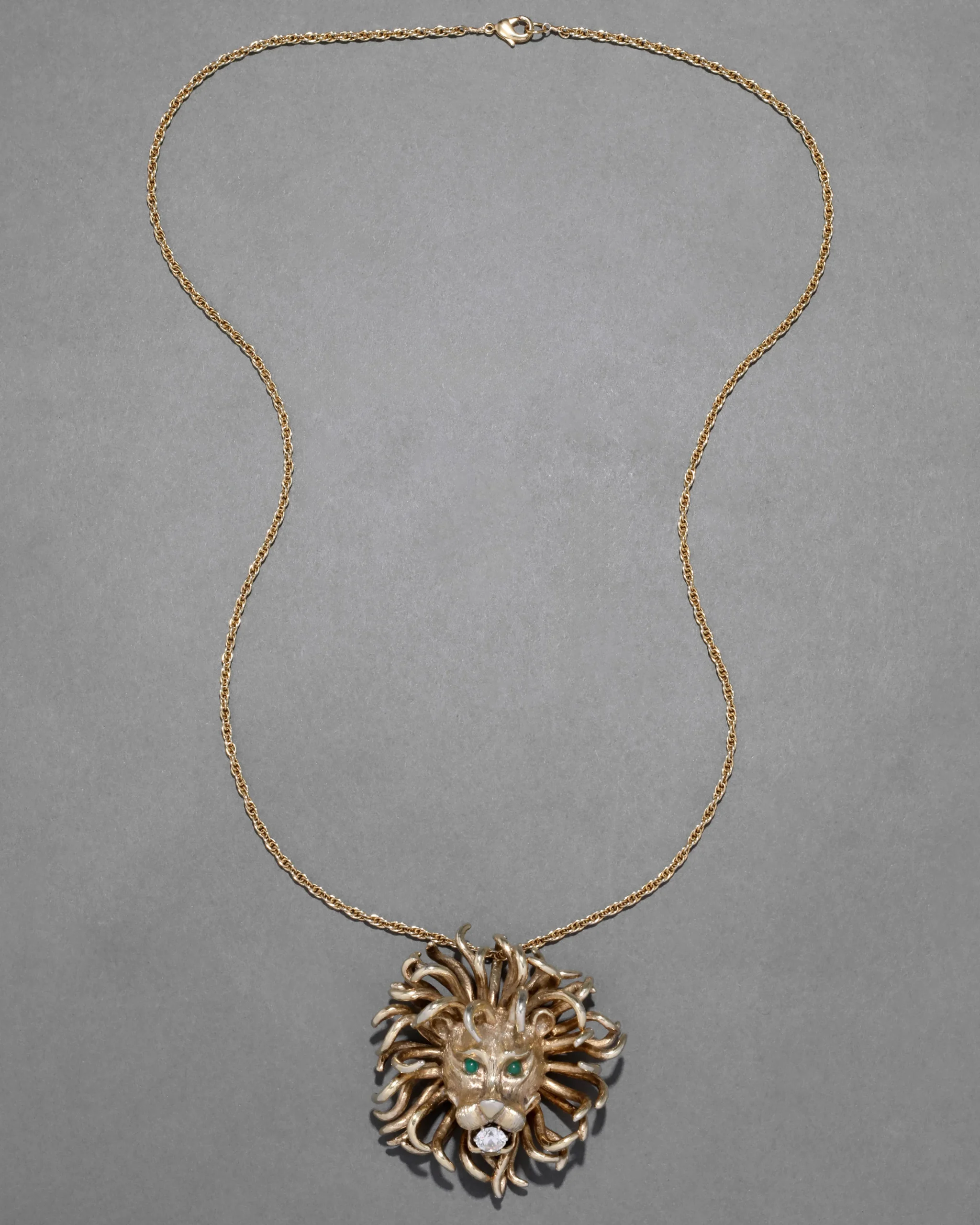 Vintage 1960s 14k Gold Washed Sterling Silver Lion Pendant Necklace with Jade Eyes
