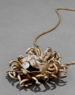 Vintage 1960s 14k Gold Washed Sterling Silver Lion Pendant Necklace with Jade Eyes