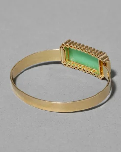 Vintage 1970s 18k Gold with Diamond Framed Chrysoprase Modernist Hinge Bracelet