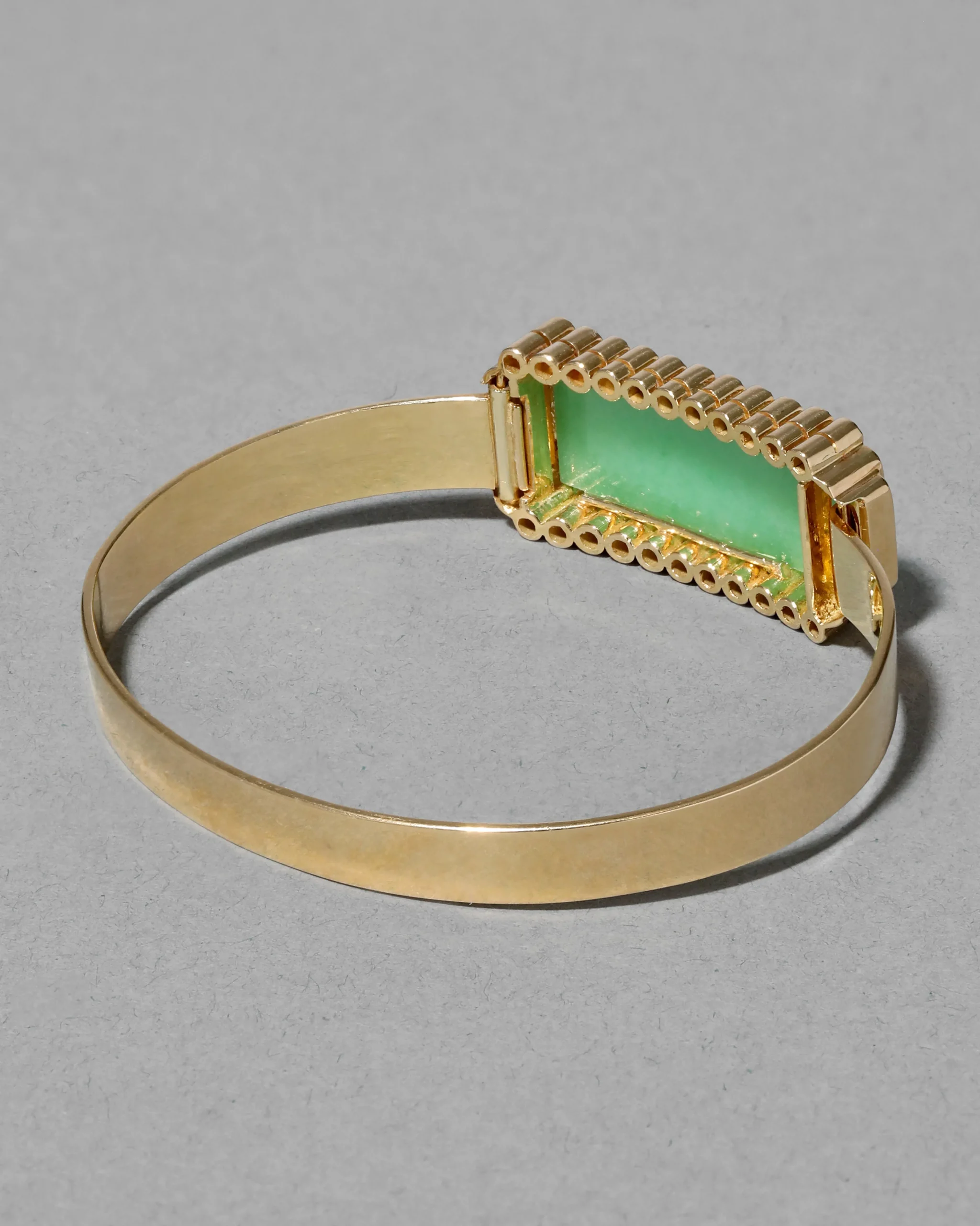Vintage 1970s 18k Gold with Diamond Framed Chrysoprase Modernist Hinge Bracelet