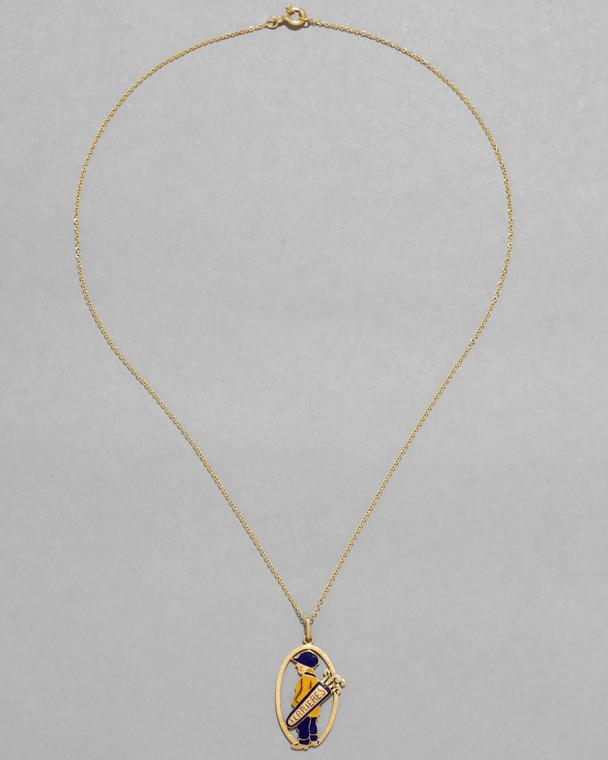 Vintage 1930s 14k Gold with Enamel French Mascot Pendant Necklace