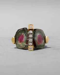 Vintage 1970s 18k Gold with Watermelon Tourmaline & Diamond Brutalist RIng