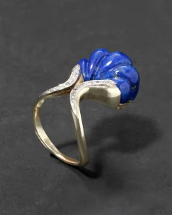Vintage 1960s 18k Two Tone Gold Scalloped Lapis & Diamond Ring