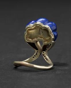 Vintage 1960s 18k Two Tone Gold Scalloped Lapis & Diamond Ring