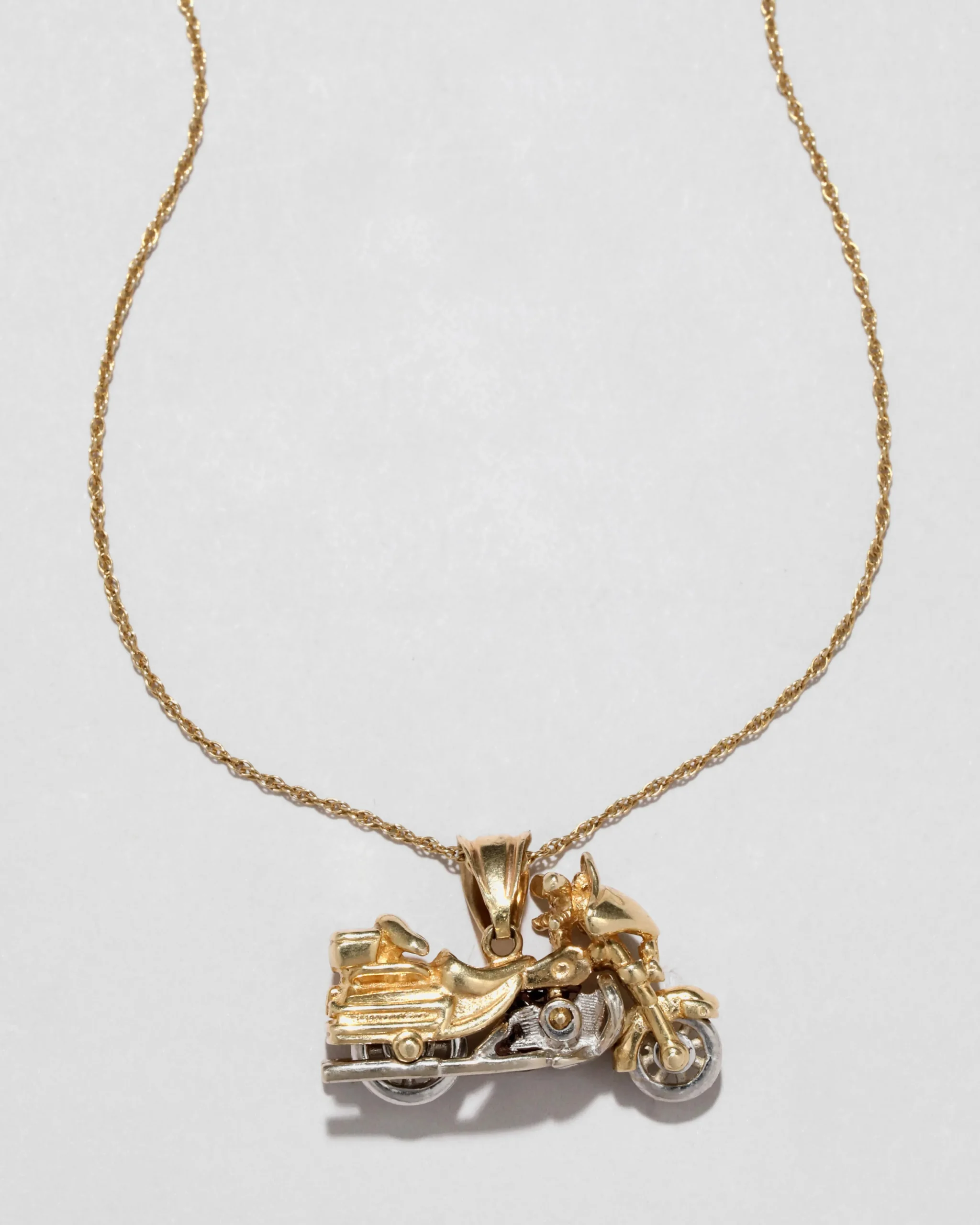 Vintage 1970s 14k Two Tone Gold Articulated Motorcycle Pendant Necklace