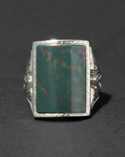 Vintage 1930s 10k White Gold & Hand Cut Domed Bloodstone Ring