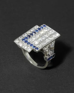 Vintage 1930s 14k White Gold with Sapphire & Diamond Deco Design Ring