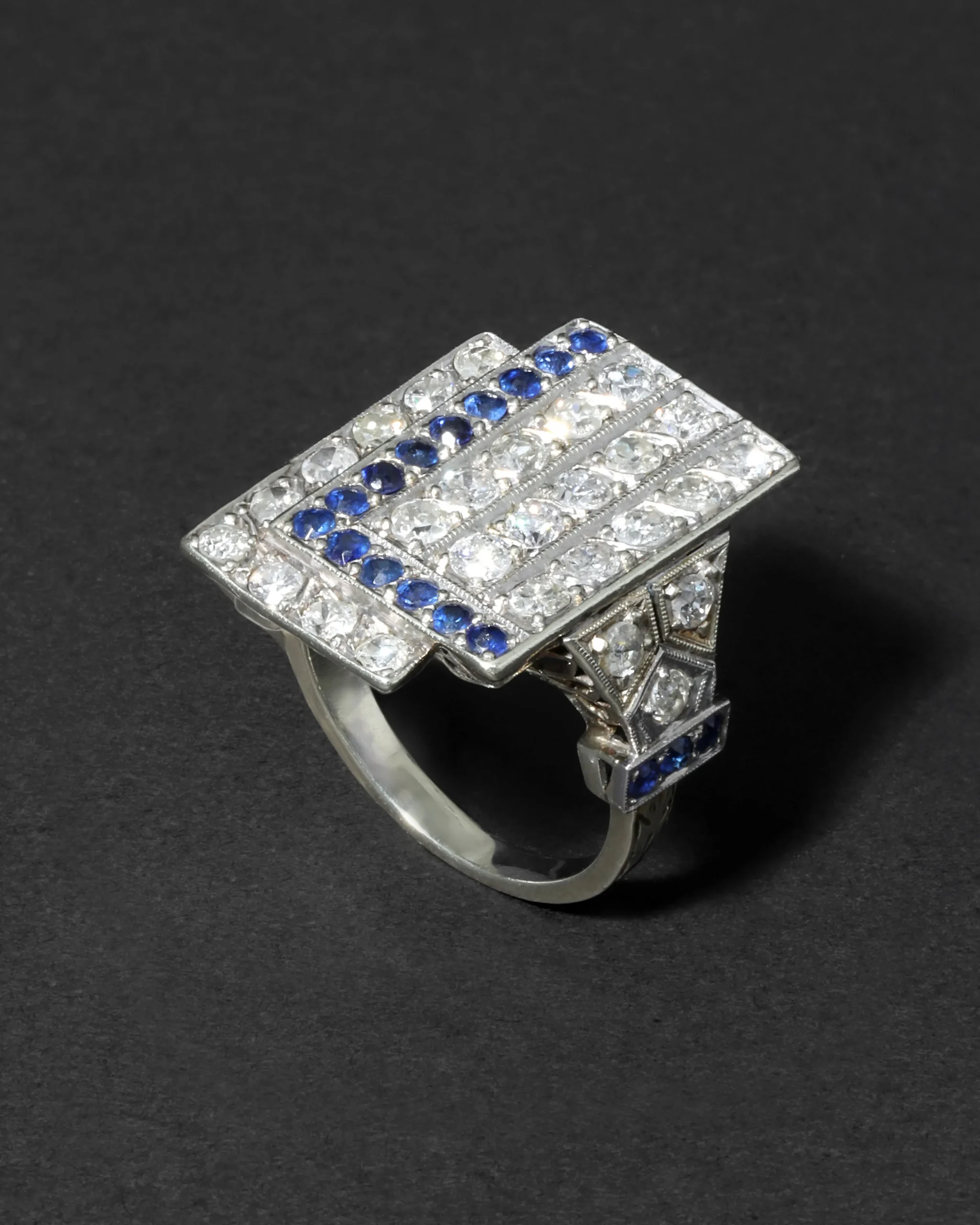 Vintage 1930s 14k White Gold with Sapphire & Diamond Deco Design Ring