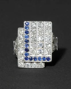 Vintage 1930s 14k White Gold with Sapphire & Diamond Deco Design Ring