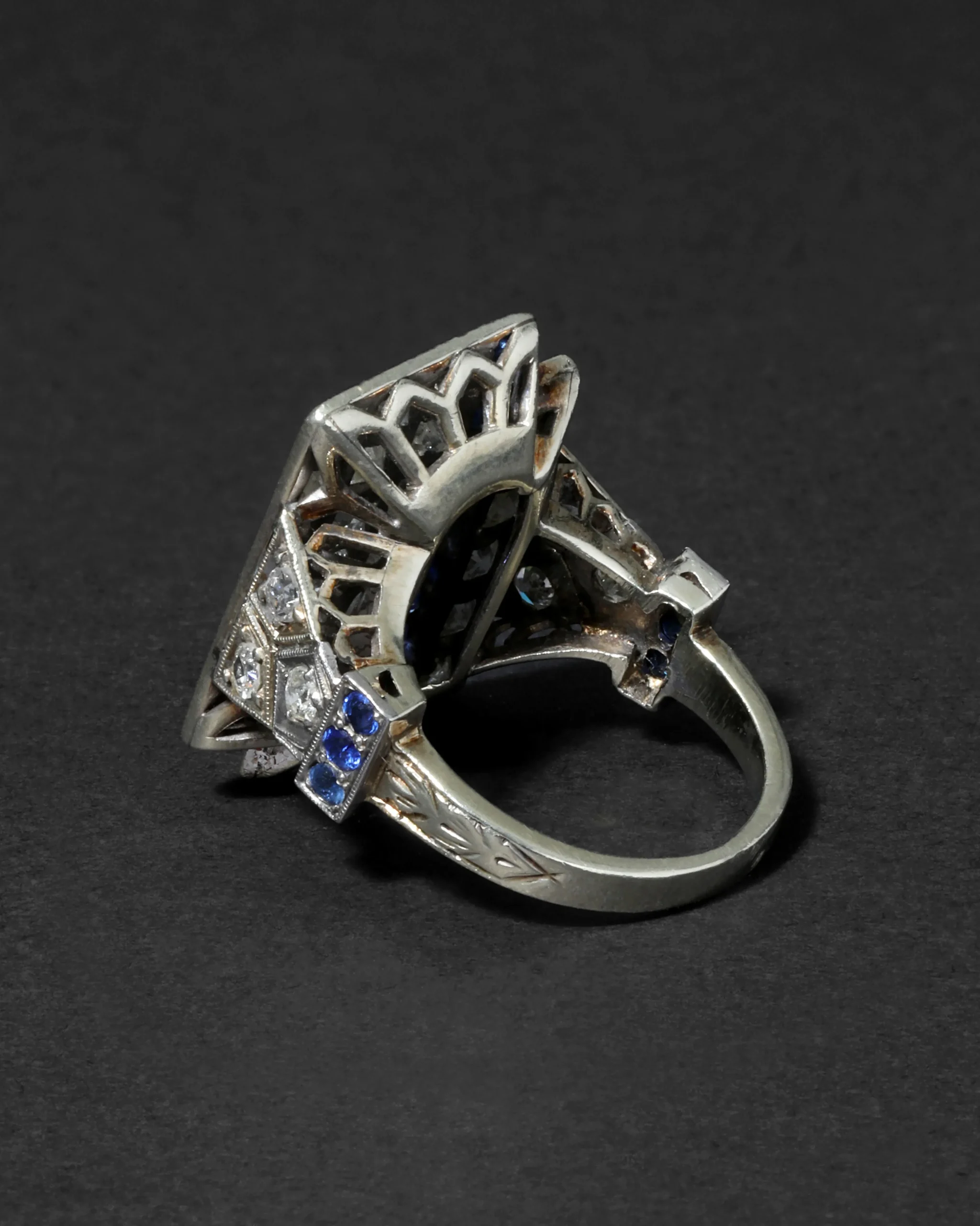 Vintage 1930s 14k White Gold with Sapphire & Diamond Deco Design Ring