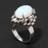 Vintage 1950s 18k White Gold with Natural Opal & Baguette & Marquis Diamond Halo Modernist Design Ring