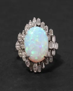 Vintage 1950s 18k White Gold with Natural Opal & Baguette & Marquis Diamond Halo Modernist Design Ring