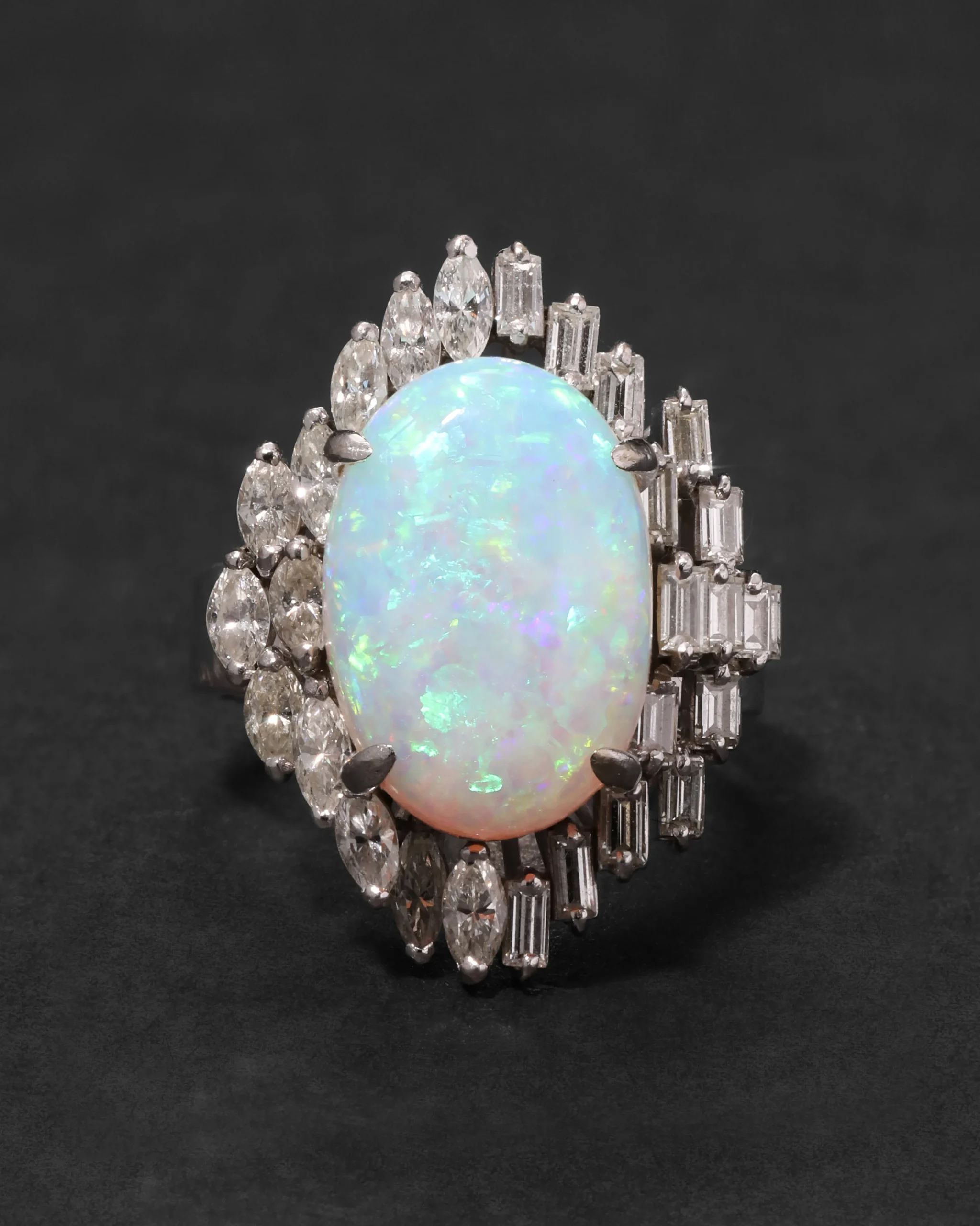 Vintage 1950s 18k White Gold with Natural Opal & Baguette & Marquis Diamond Halo Modernist Design Ring