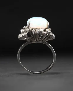 Vintage 1950s 18k White Gold with Natural Opal & Baguette & Marquis Diamond Halo Modernist Design Ring