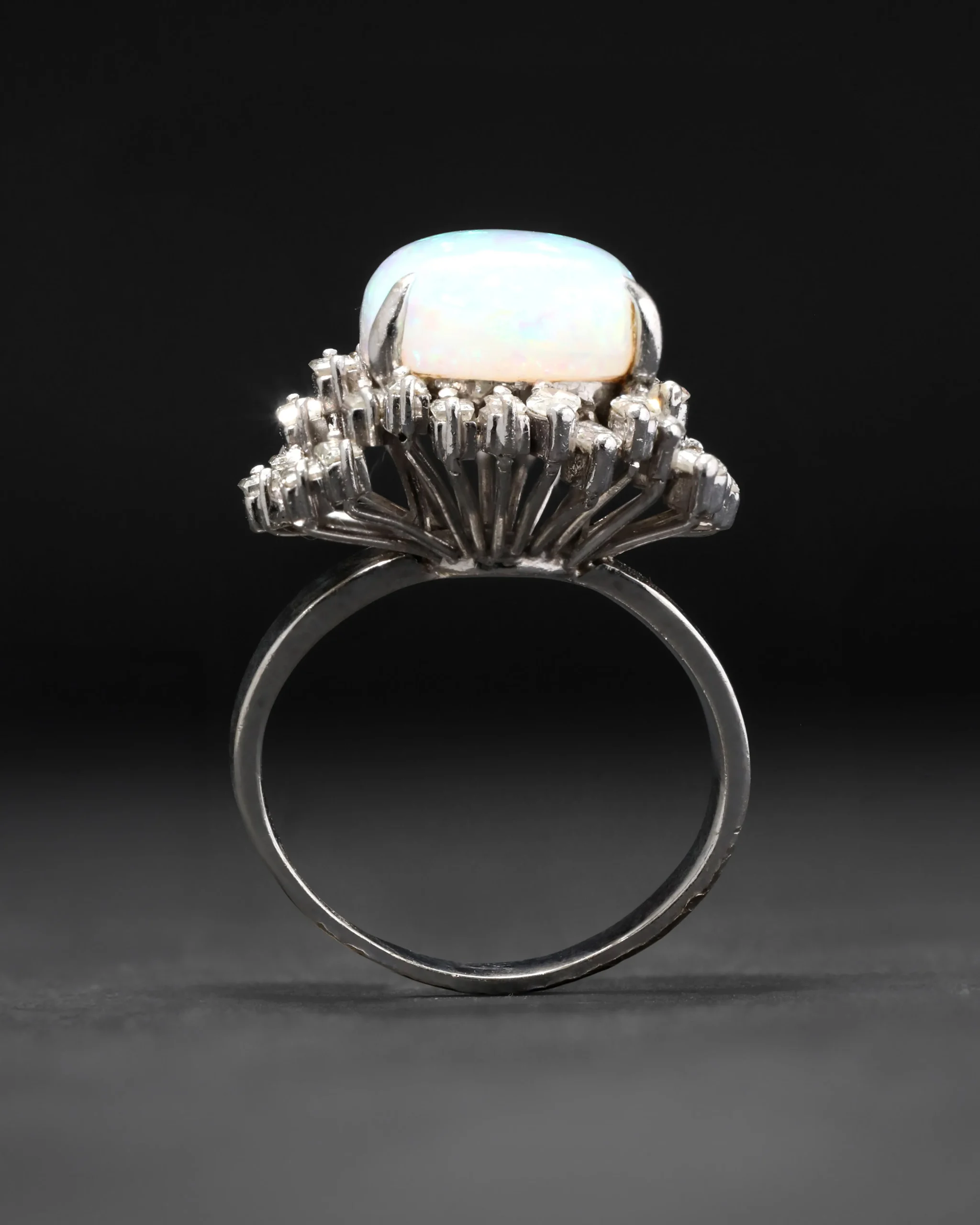 Vintage 1950s 18k White Gold with Natural Opal & Baguette & Marquis Diamond Halo Modernist Design Ring