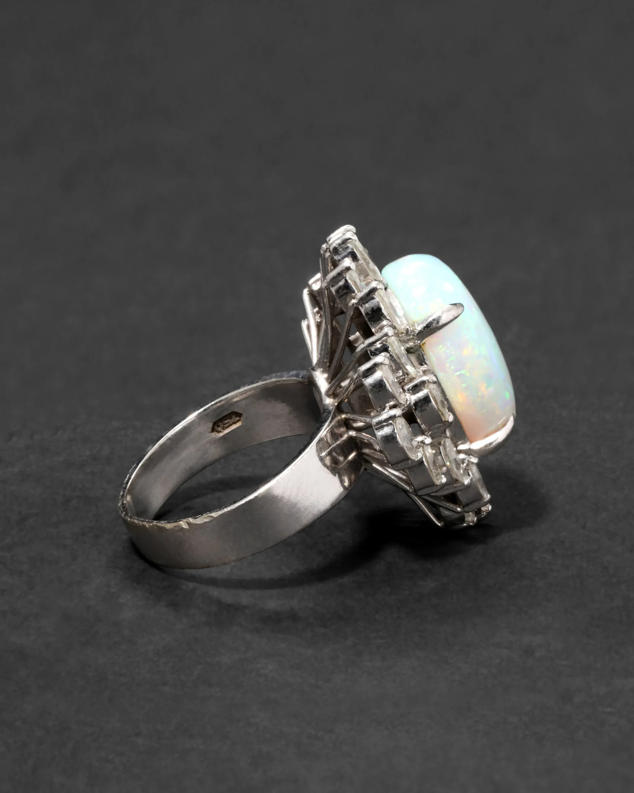 Vintage 1950s 18k White Gold with Natural Opal & Baguette & Marquis Diamond Halo Modernist Design Ring