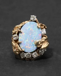 Vintage 1970s 14k Yellow & White Gold Handmade Brutalist Opal & Diamond Ring