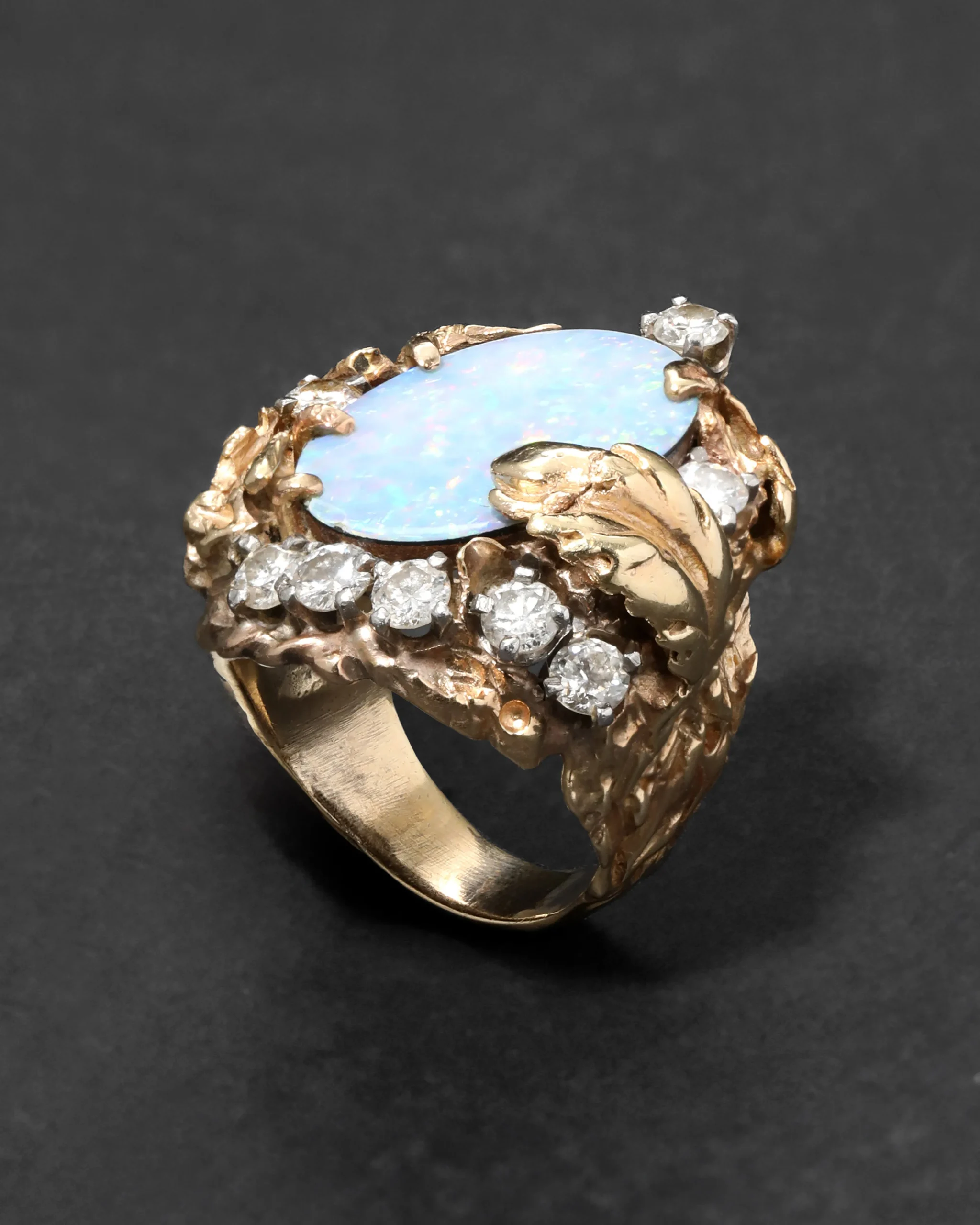Vintage 1970s 14k Yellow & White Gold Handmade Brutalist Opal & Diamond Ring