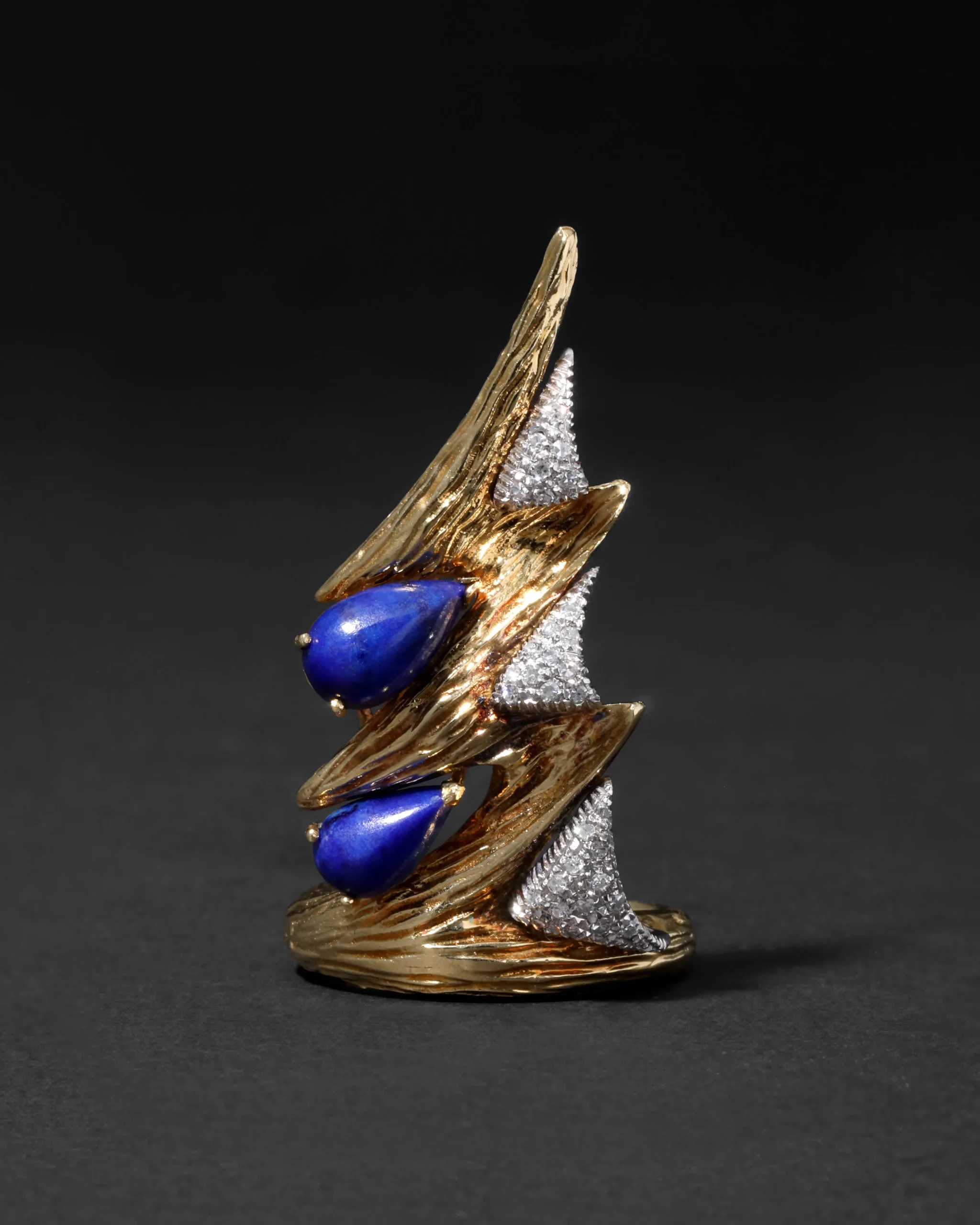 Vintage 1960s Platinum & 18k Gold with Lapis & Diamond Brutalist Ring